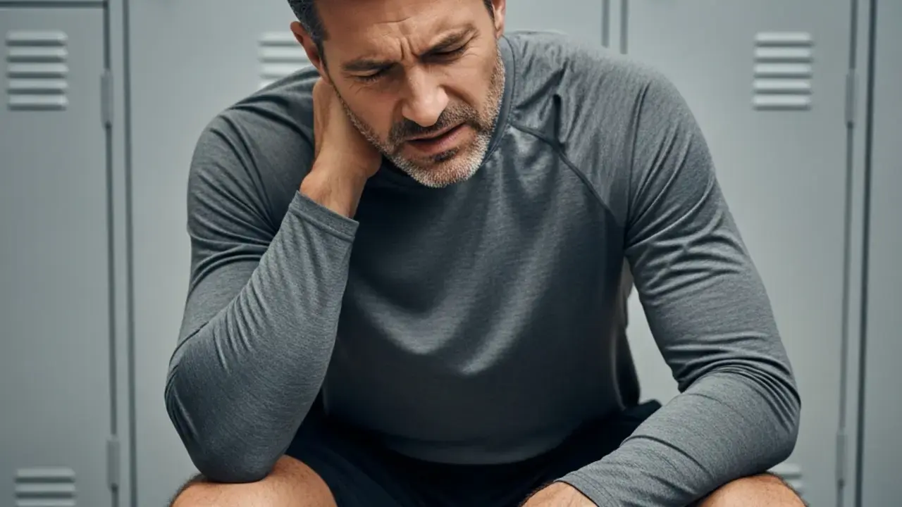 Adulto ativo demonstrando frustração e dor muscular causada por fibromialgia