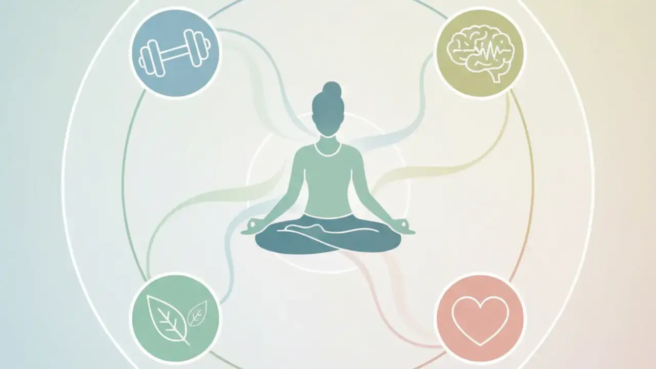 Equipe de profissionais de saúde (médico, fisioterapeuta, psicólogo) colaborando em um plano de cuidado integrado e multimodal para fibromialgia, com foco no paciente.